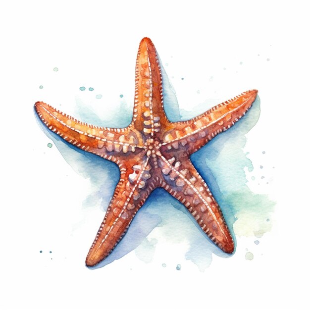 Photo painting of a starfish with a blue background and watercolor splashs generative ai