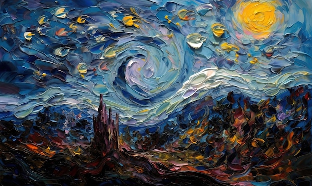 A painting of a starry night sky with the sun shining on it.