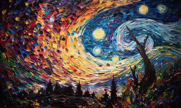 A painting of a starry night sky with trees in the background.