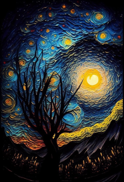 A painting of a starry night with the moon in the sky.