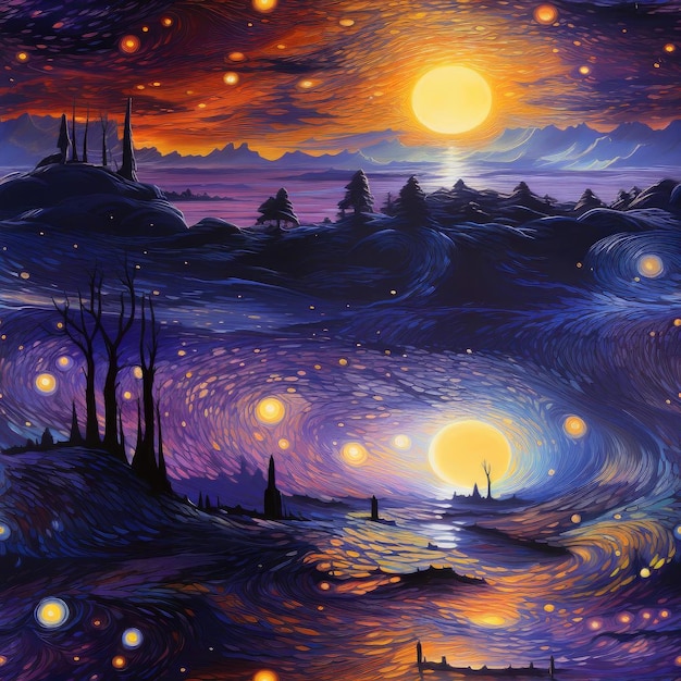 Painting of a starry sky with a lake or rivers in vibrant colors tiled