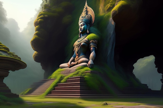 A painting of a statue of a buddha in the jungle