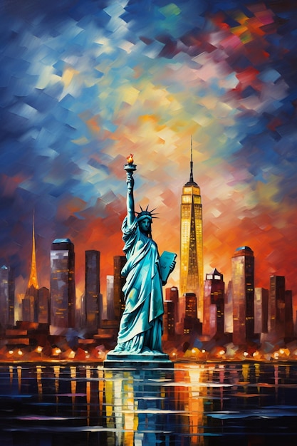 도시 스카이 라인 앞에 있는 자유의 동상 (Statue of Liberty) 의 그림