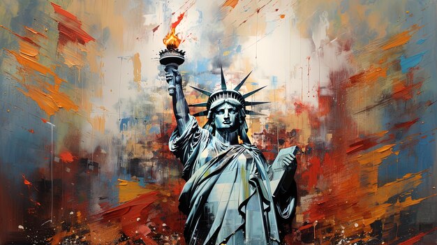 a painting of the statue of liberty with a fire burning in the background