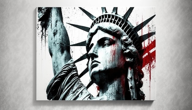 A painting of the statue of liberty with a red blood stain on it.