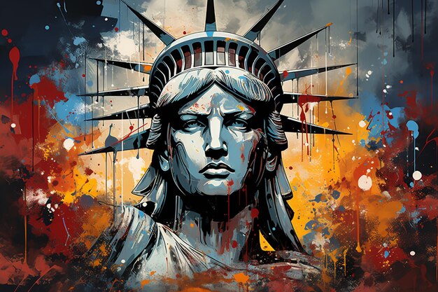 Painting of a statue of liberty with a splattered background generative ai
