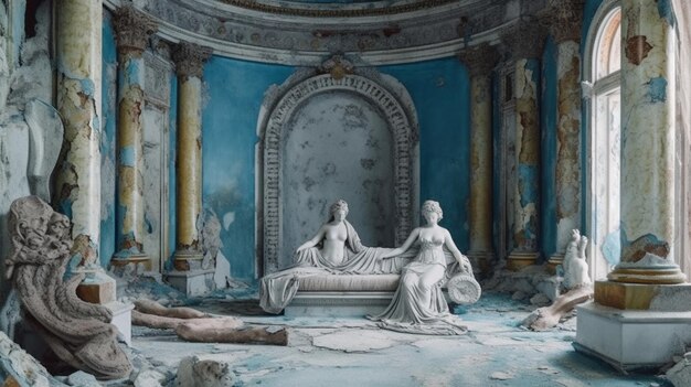 廃墟の建物にある彫像と床に座る女性の絵。