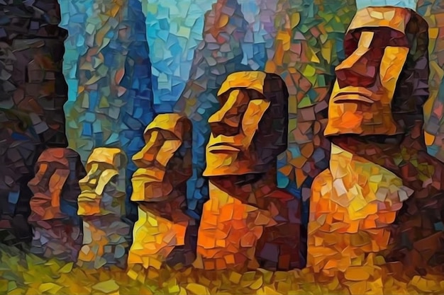 A painting of statues of easter island in a colorful mosaic.