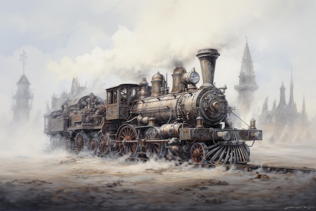 먼지 가득한 풍경 을 가로질러 이동 하는 증기 기관 열차 의 그림