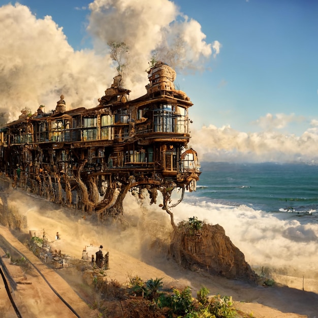 A painting of a steampunk building with a sky background