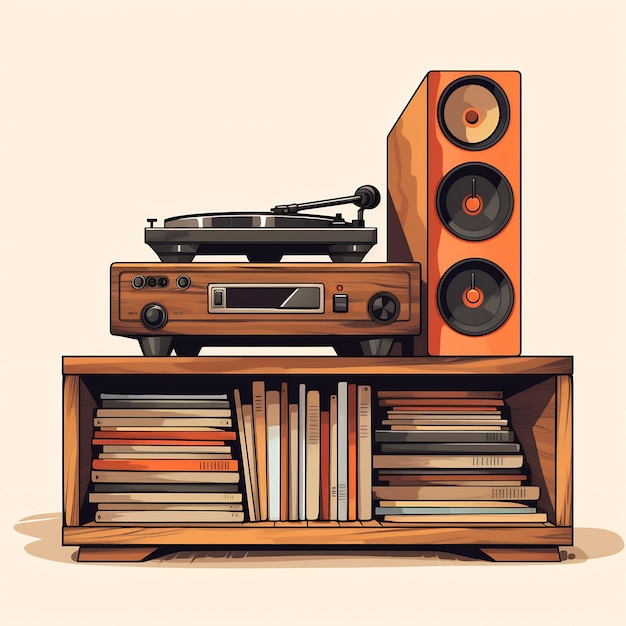 a painting of a stereo and speakers on a table