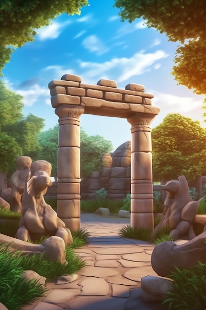 A painting of a stone arch with the words " the temple of the gods " on it.