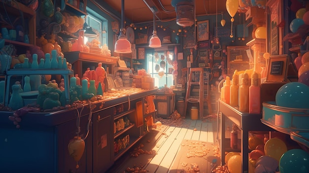 A painting of a store with a bunch of balloons hanging from the ceiling.