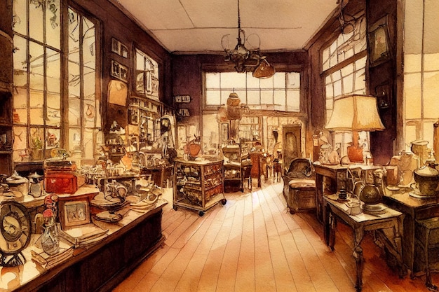 A painting of a store with a lamp on the wall and a lamp on the wall.