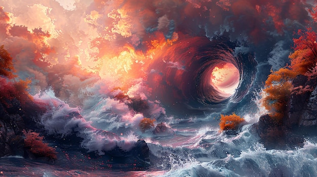 a painting of a storm in the ocean with a spiral and a spiral in the middle