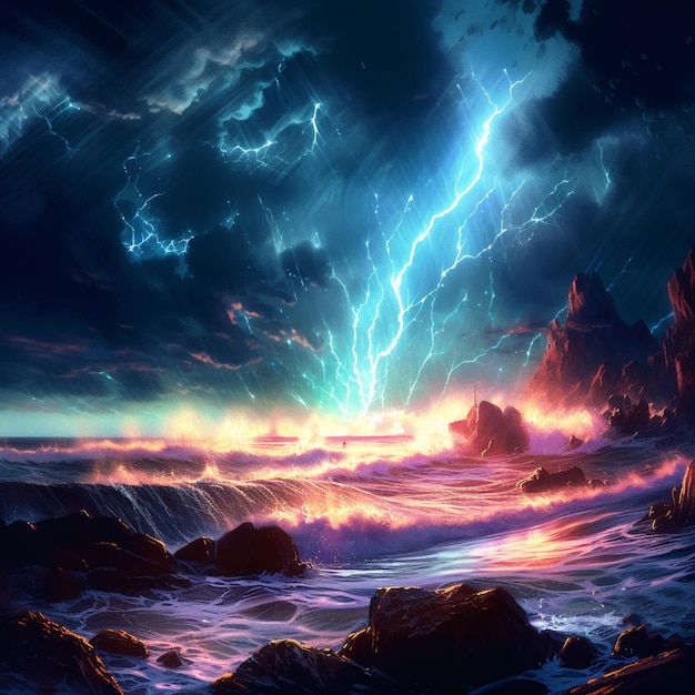 A painting of a stormy ocean with a lightning strike on the water.