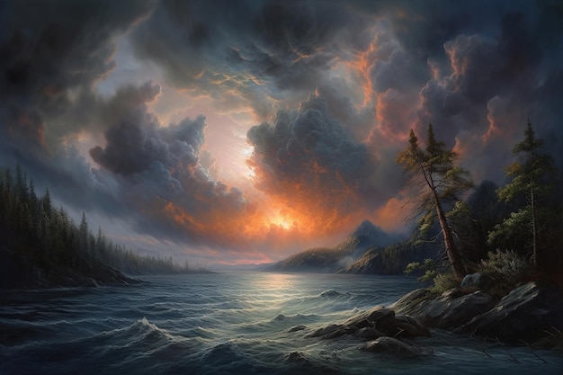 물 위에 일몰과 함께 폭풍우 치는 하늘의 그림.