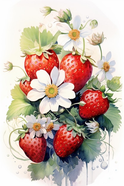 A painting of strawberries and flowers with the words " strawberries " on the bottom.
