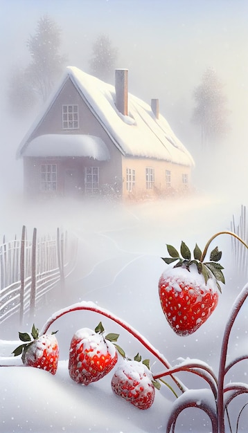 Painting of strawberries in the snow with a house in the background generative ai