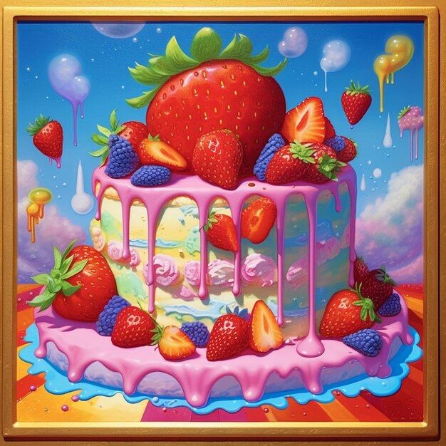 Painting of a strawberry cake with icing and strawberries on top generative ai