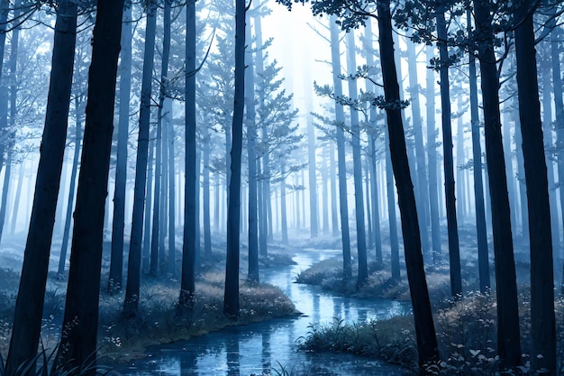 A painting of a stream in a forest with blue sky and trees.