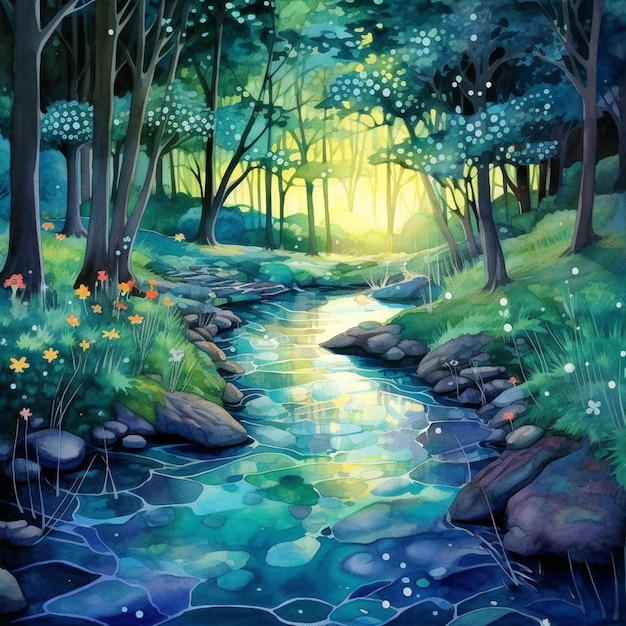 Painting of a stream in a forest with flowers and trees generative ai