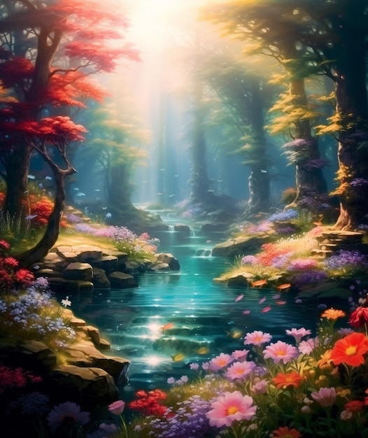 Painting of a stream in a forest with flowers and trees generative ai