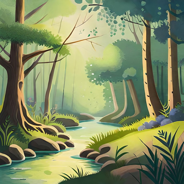 A painting of a stream in a forest with a green background.