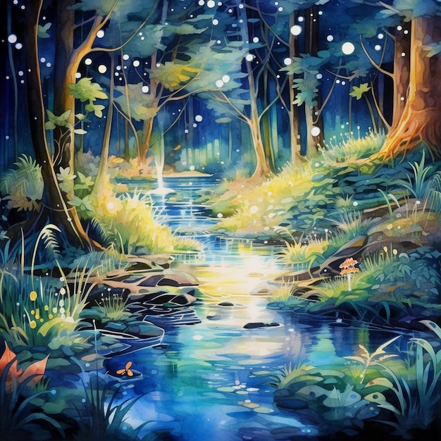 Painting of a stream in a forest with lots of trees and flowers generative ai