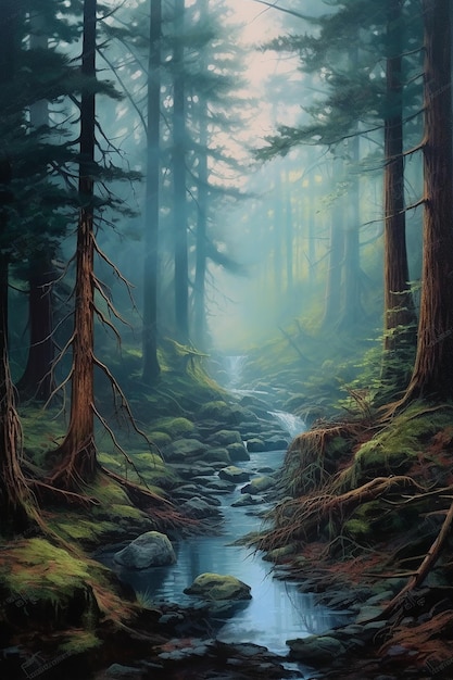 A painting of a stream in a forest with moss and rocks.