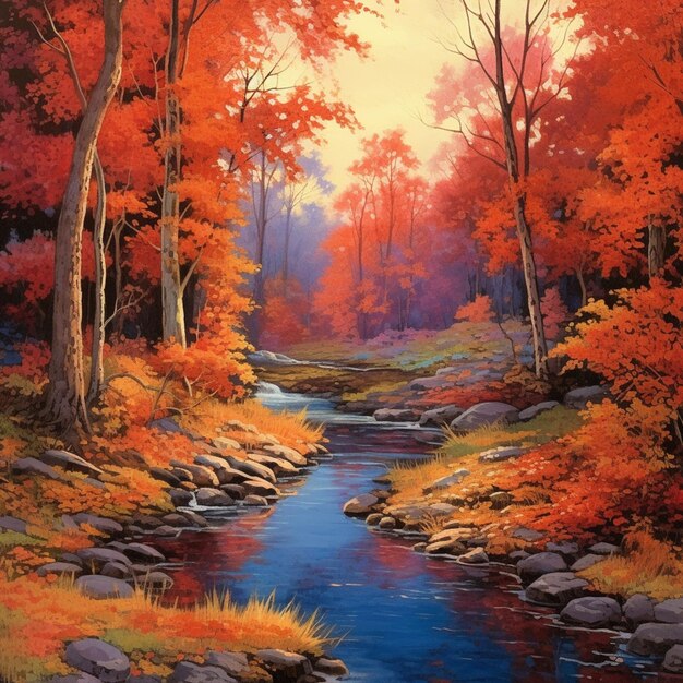 Painting of a stream in a forest with red leaves generative ai
