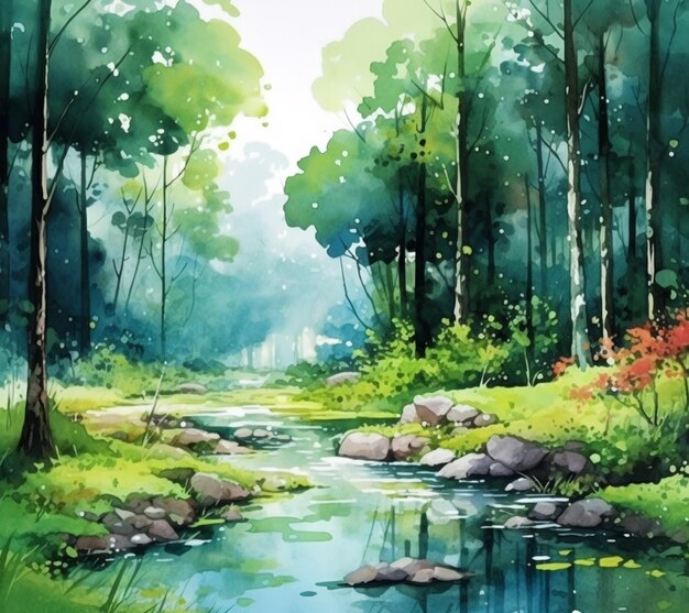 painting of a stream in a forest with rocks and trees generative ai