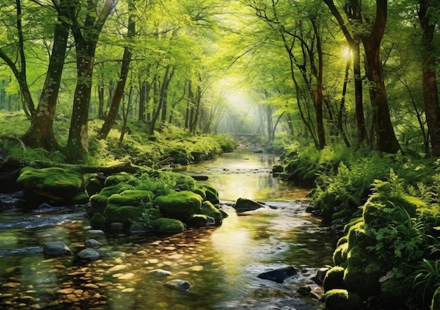 Premium AI Image  A stream in the forest with rocks and trees