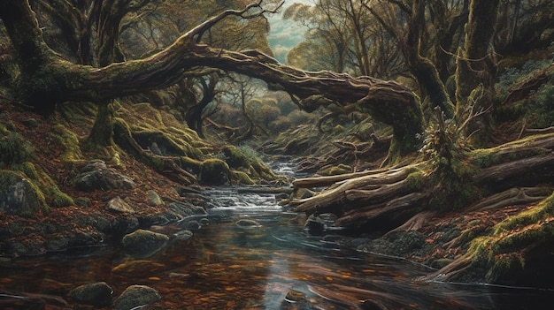 Картина ручья в лесу с деревьями и камнями.