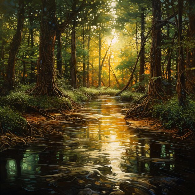 Painting of a stream in a forest with trees and sun shining through the trees generative ai