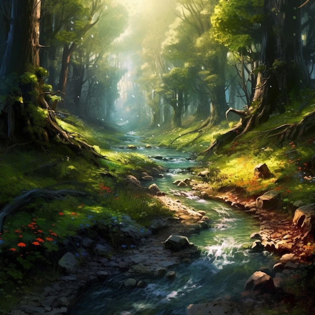 A painting of a stream in the forest