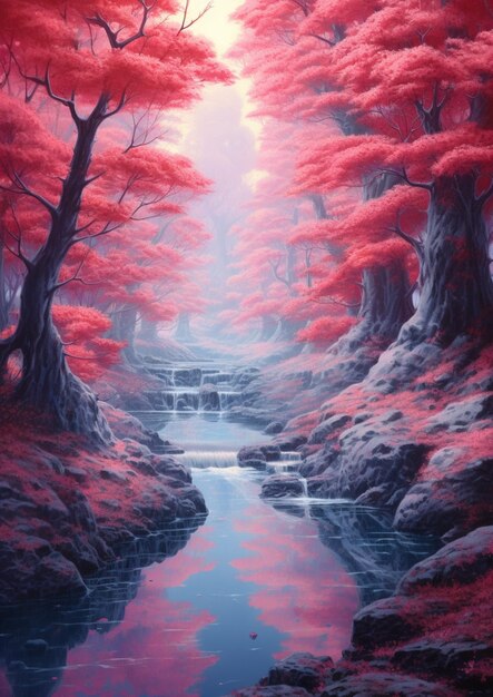 painting of a stream in a red forest with trees and a waterfall generative ai