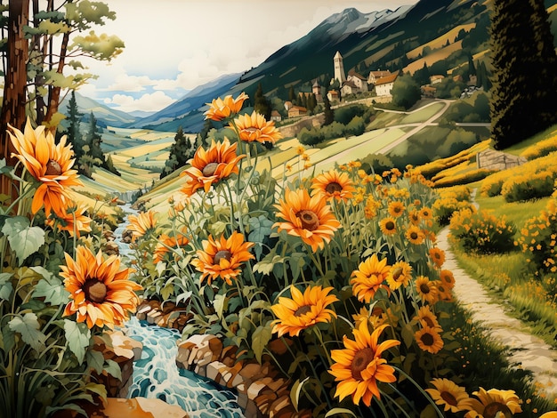 painting of a stream running through a field of sunflowers generative ai