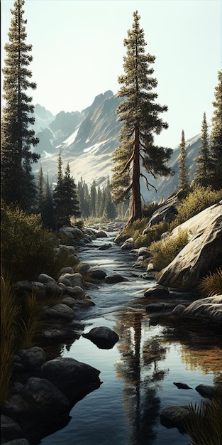 Painting of a stream running through a forest with a mountain in the background generative ai