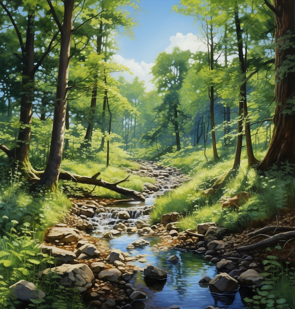 painting of a stream running through a forest with rocks and trees generative ai