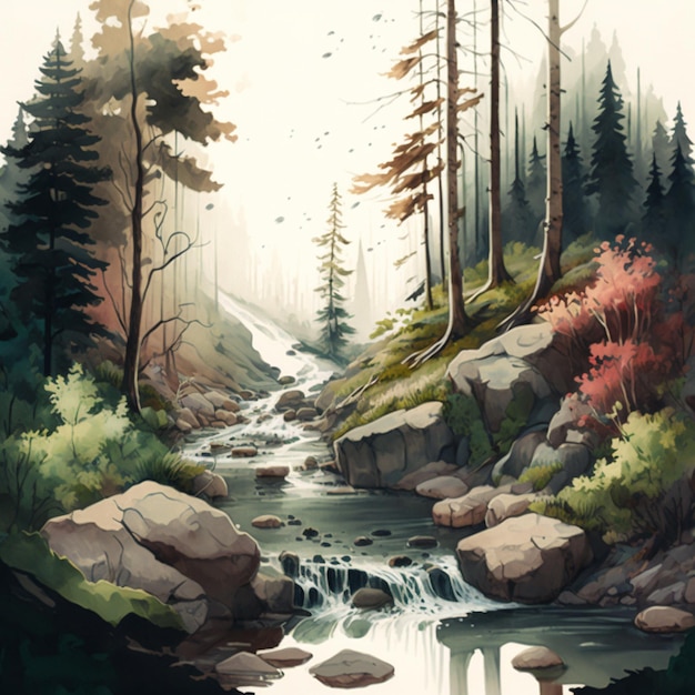 painting of a stream running through a forest with rocks and trees generative ai