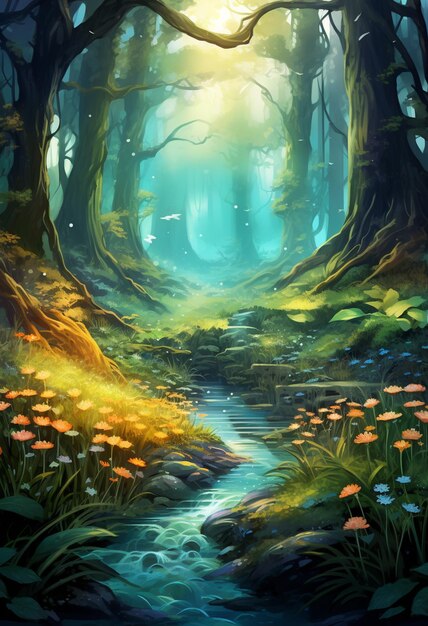 A painting of a stream running through a forest with trees generative ai