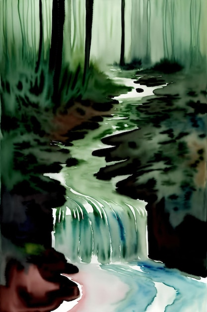 Photo a painting of a stream running through a forest