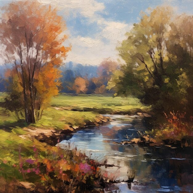 painting of a stream running through a lush green field with trees generative ai
