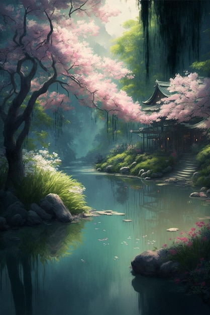 Painting of a stream running through a lush green forest generative ai