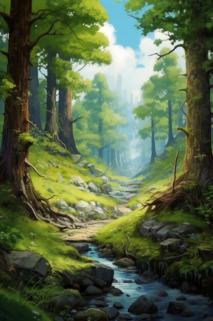 painting of a stream running through a lush green forest with trees generative ai