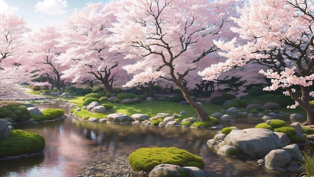 Картина ручья с цветущей вишней