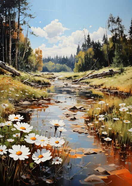 Painting of a stream with daisies in a field with trees generative ai