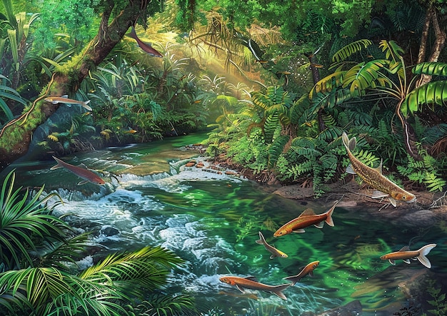 a painting of a stream with koi fish swimming in it