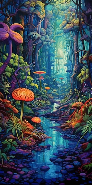 A painting of a stream with mushrooms and a blue stream.